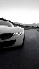 Sleek white sports car curves into empty mountain road.