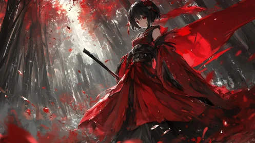 Scarlet Forest Duelist in a Storm of Falling Ember Petals.