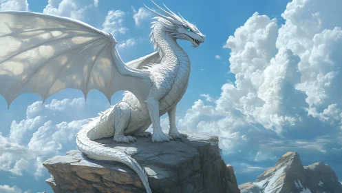 Majestic white dragon surveys sunlit clouds from a rocky precipice
