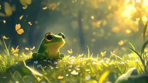 Green frog on sunlit grass with surrounding yellow butterflies.
