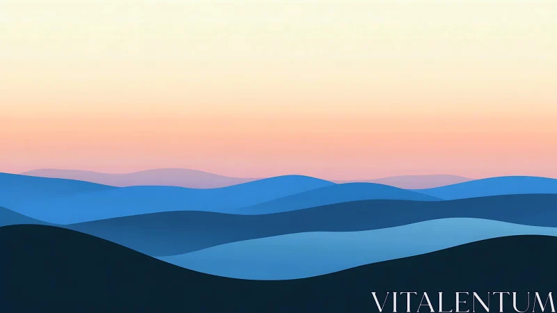Layered blue hill silhouettes recede beneath a pastel gradient sky