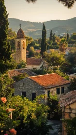 Photographic study of sunlit stone village and bell tower.