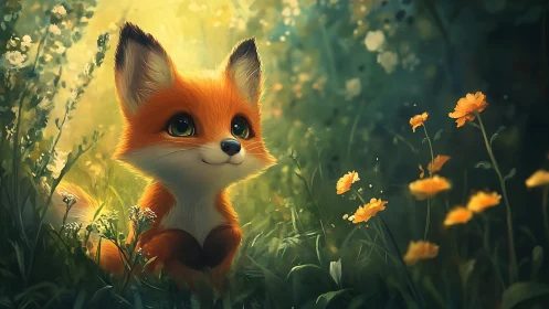 Luminous forest vignette with stylized juvenile fox portrait.