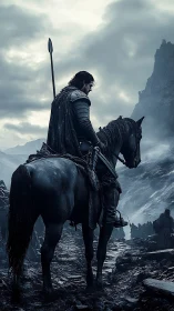 Brooding lone knight on warpath ridge beneath stormed sky.