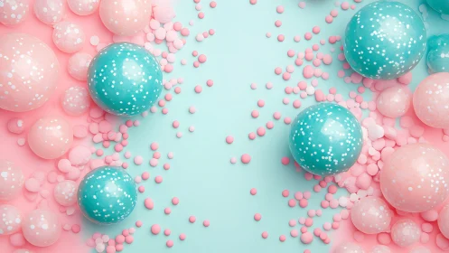 Pastel teal and pink confetti balloons on split color surface
