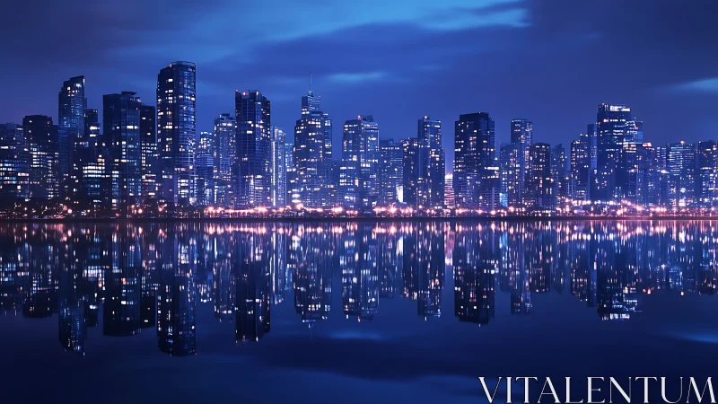 Midnight waterfront skyline with luminous city reflection.
