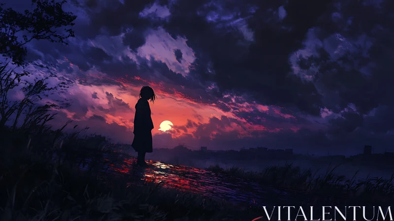 Silhouetted figure observes sunset over reflective water