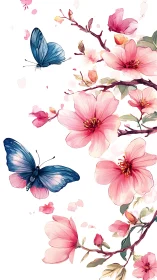 Watercolor butterflies glide among blooming cherry branches