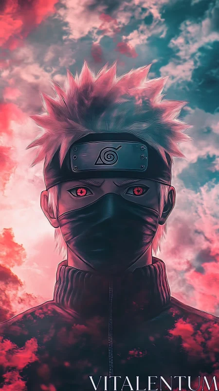 Stormlit masked ninja stands steady under glowing skies