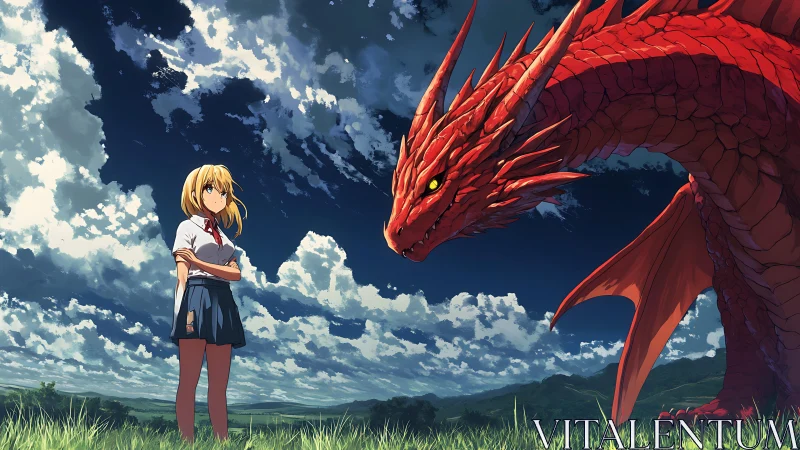 Schoolgirl confronts towering red dragon under storm sky.