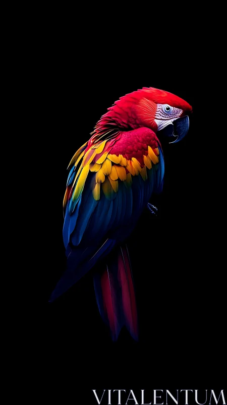 Scarlet macaw profile in saturated neon plumage on black.