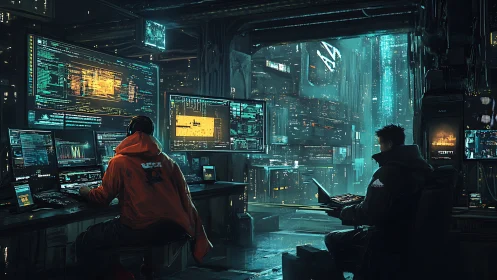 Neon city coders trading secrets in a midnight tech lair.