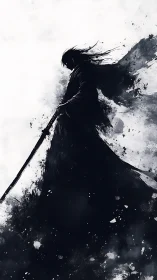 Silhouetted samurai warrior in monochrome ink splatter abstraction