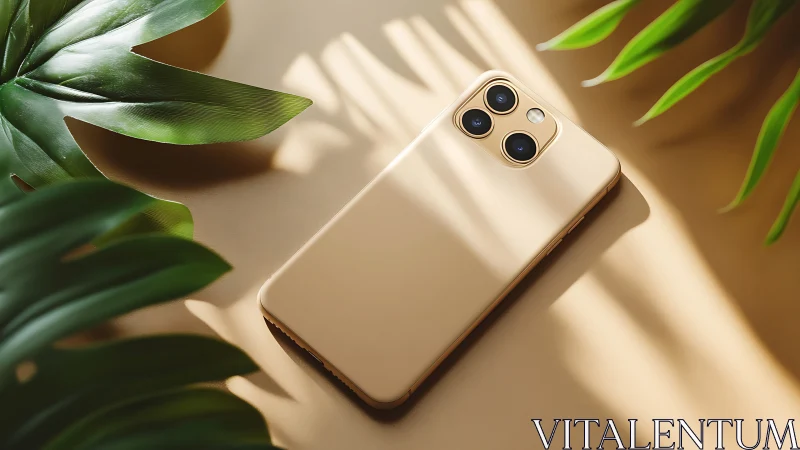 Gold smartphone with triple lens setup displayed on beige surface.