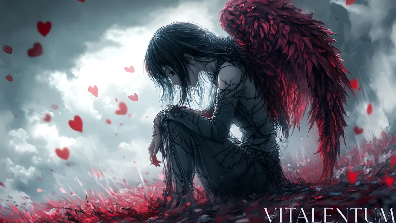 Fallen angel crouches in crimson field beneath storm clouds
