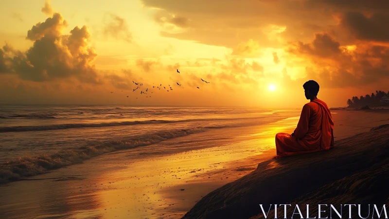Photorealistic monk silhouette at meditative sunset shoreline.