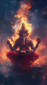 Ganesh in radiant fire meditation, luminous divine aura.