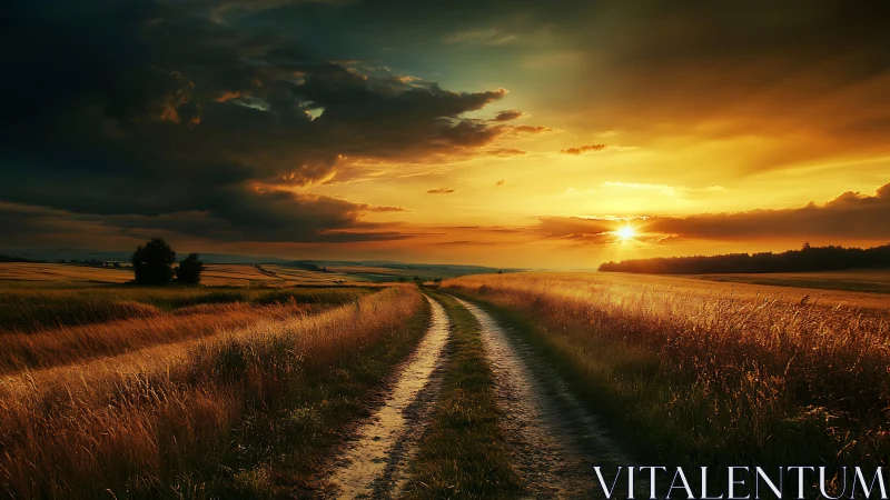 Sunlit country track under dramatic stormlit sky at dusk.