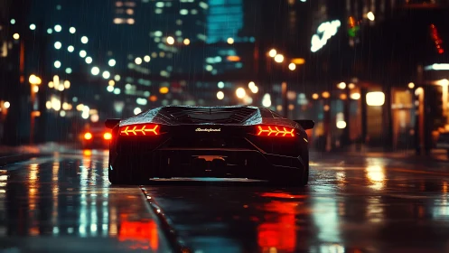 Supercar rear view in neon-lit rainy urban nightscape.