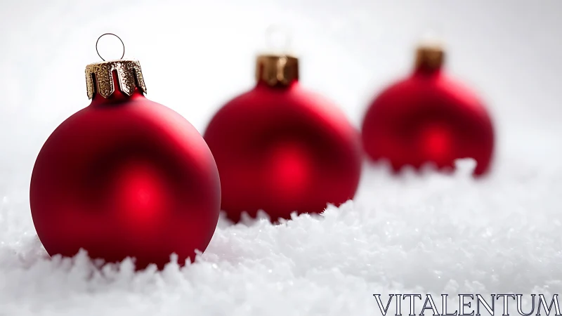 Macro closeup of red matte baubles on textured snow field