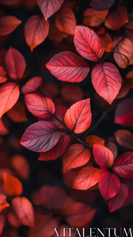Crimson leaf chorus glows against a shadowed autumn hush.