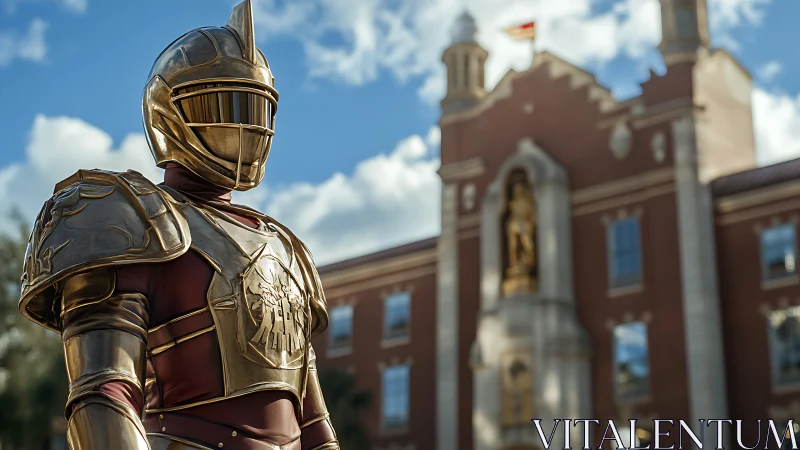 Armored futuristic knight stands before collegiate fa&ccedil;ade