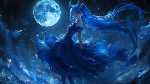 Moonlit blue-haired girl drifting through a dreamy night sky.