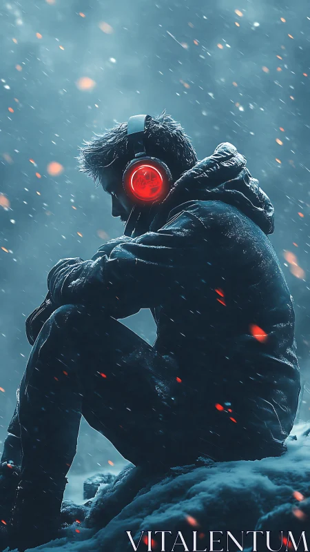 Solitary listener with red headphones in snowstorm glow.