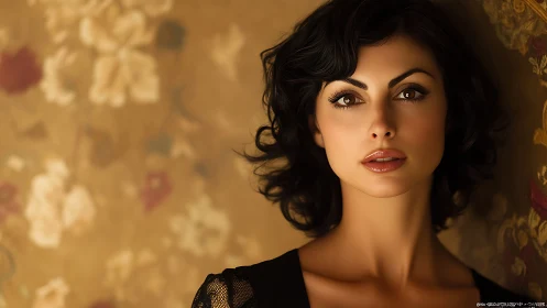 Velvet gaze beneath vintage florals in golden evening light.