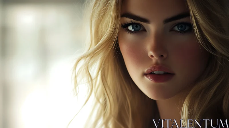 Close-up portrait of blonde woman with intense blue eyes.