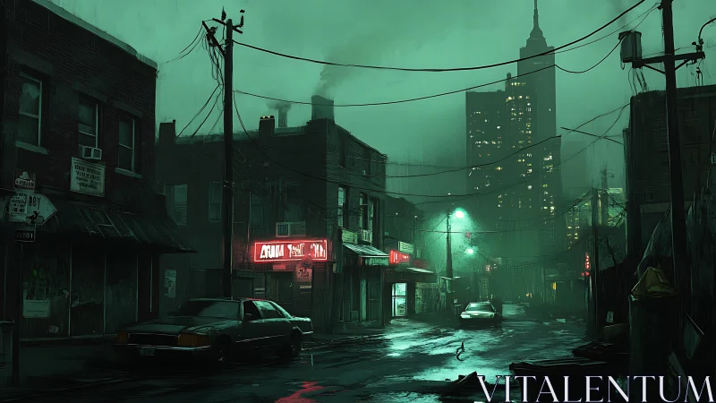 Neon rain quietly stitches gloom to a distant city spine