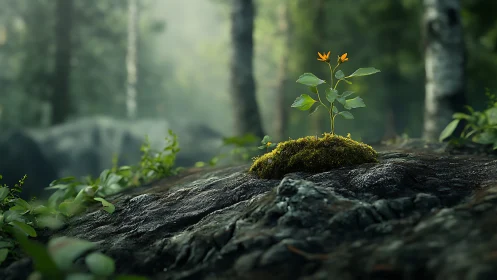 Tiny orange wildflower breaks through mossy forest rock