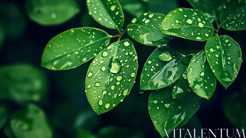 Rain-kissed emerald leaves glow in a hush of forest calm.