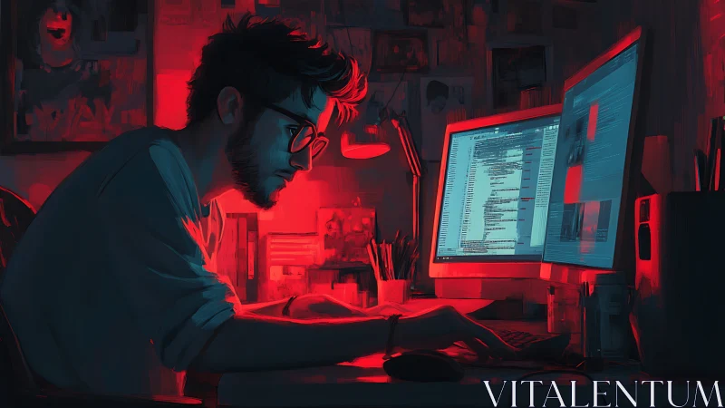 Man works at dual monitors in red and blue lit workspace