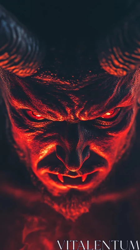 Demonic horned figure with glowing red eyes and fangs.