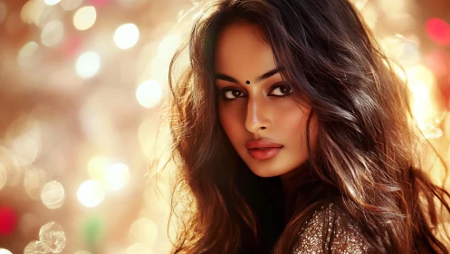 Luminous portrait of woman with bokeh-lit golden backdrop.