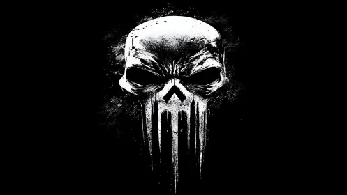 White skull emblem with elongated jaw drips on black background