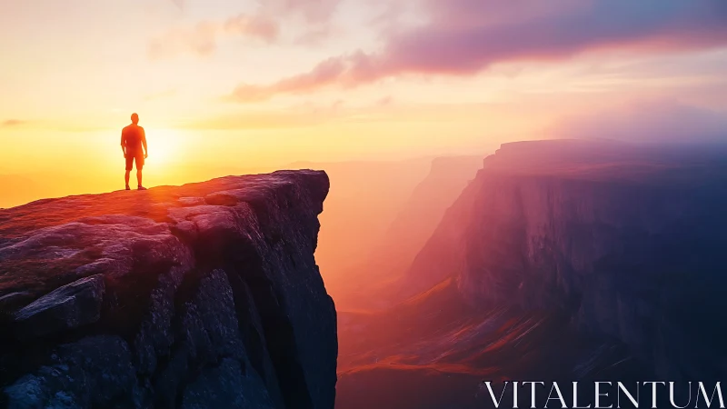 Sunrise glow welcomes a lone hiker on a soaring cliff edge