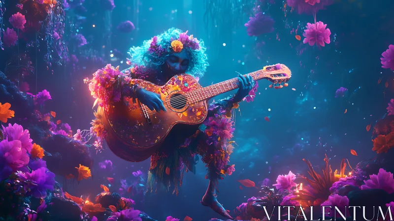 Floral-clad blue musician strums guitar in luminous dream forest.