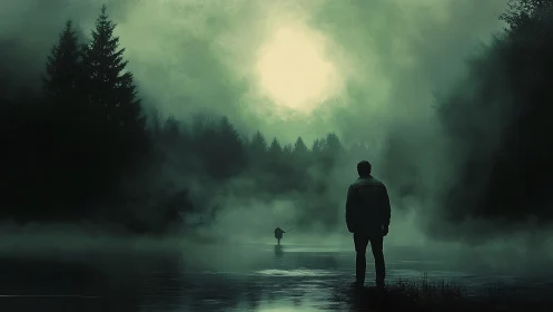 Solitary figure studies eerie green fog over forest lake.