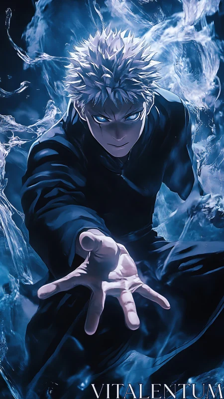 Blue-eyed sorcerer commands swirling ethereal energy field.