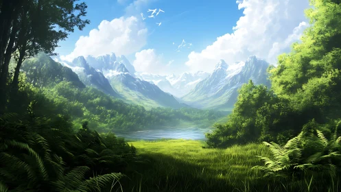 Mountain valley lake framed by lush forest and bright sky