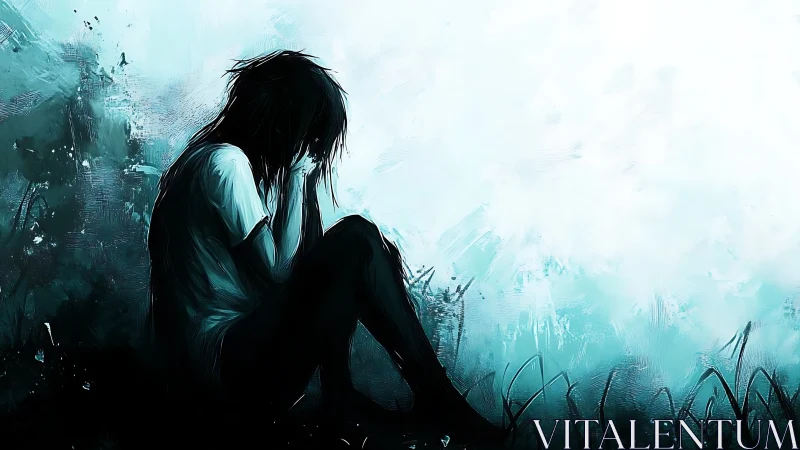 Solitary silhouette curls inward beneath a washed-out sky