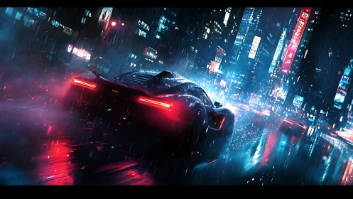 Midnight supercar gliding through neon city rain.