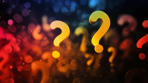 Multiple 3D question marks are displayed on a blurred gradient background