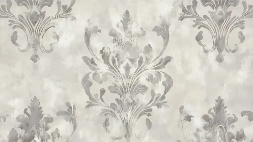 Grey damask flourishes on distressed cream backdrop.