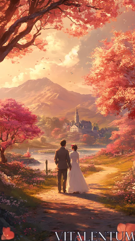 Romantic couple strolls beneath dreamy pink spring trees.
