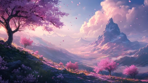 Chromatic sakura valley under atmospheric alpine massif.