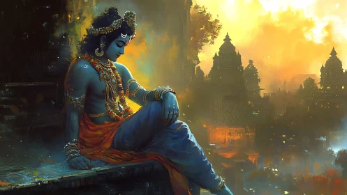 Twilight blue deity watching temples bloom in molten dusk.