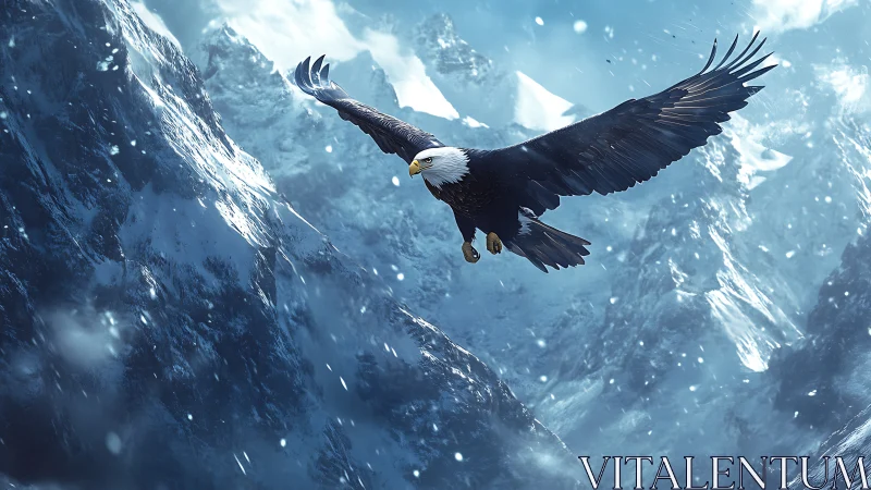 Majestic bald eagle soaring over snowy mountains in digital art.